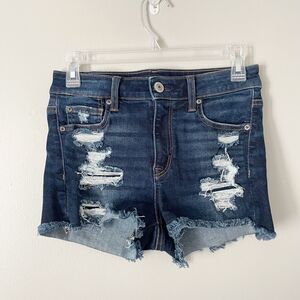 American Eagle Size 4 Hi Rise Shortie Shorts Blue Denim Distressed Frayed